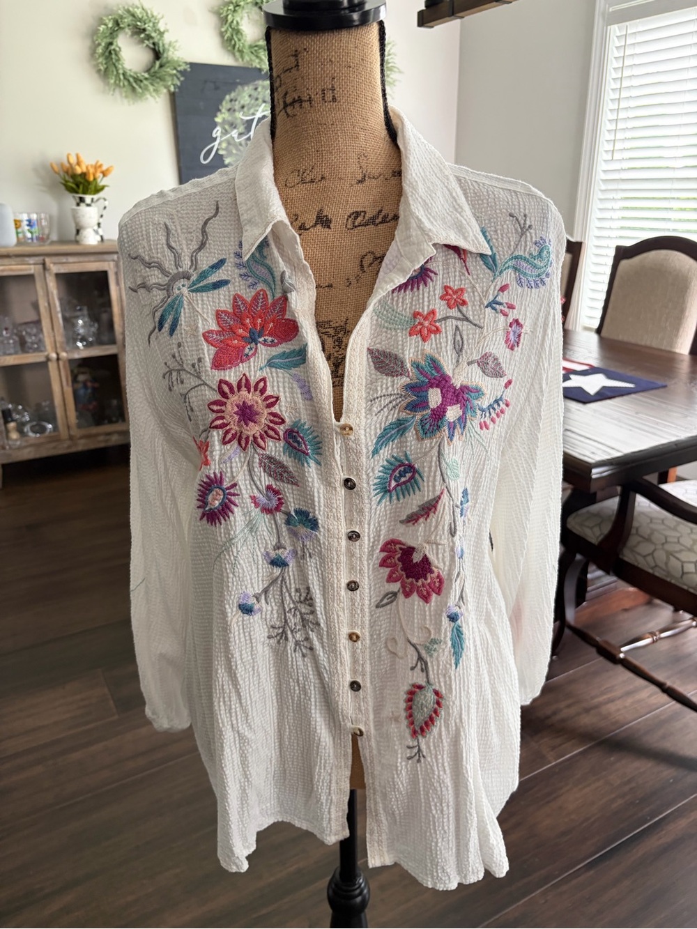 Johnny Was White Embroidered Button-Front Shirt with Red and Teal Accents